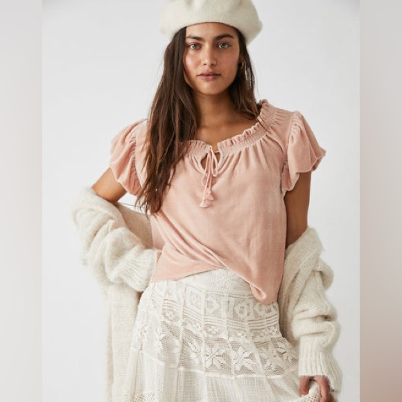 Free People Tops - Free People Terese Velour Ruffle Sleeve Top in Pink Tint Size M